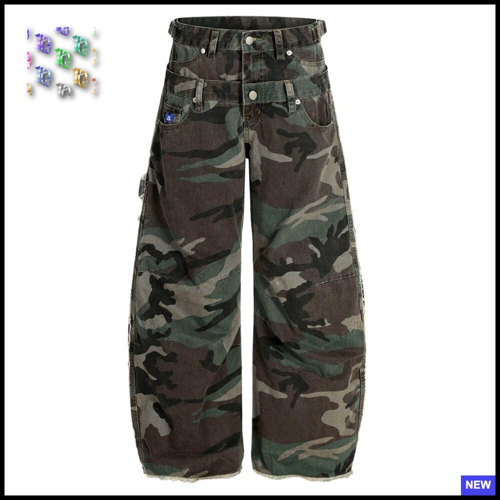 Vintage Washed Camo Cargo Pants Double Waist Loose Straight Leg Trousers